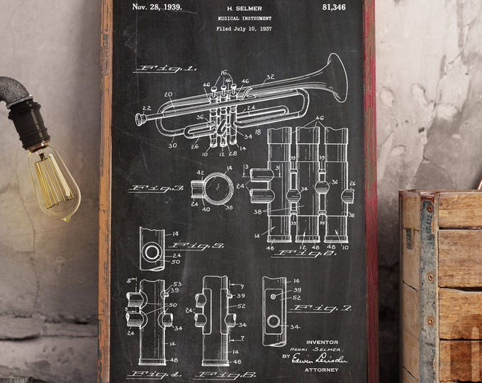 Trumpet Patent Poster, Trumpet Print, Trumpet Poster,Trumpet Prints, Musician Art, Trumpet Art, Music Room Decor, Trumpet Decor #P278