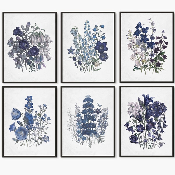 Blue Flower painting set of 6 prints, Blue Botanical Print set, wildflower bedroom art, cobalt blue Botanical wall art, Kitchen Dining room