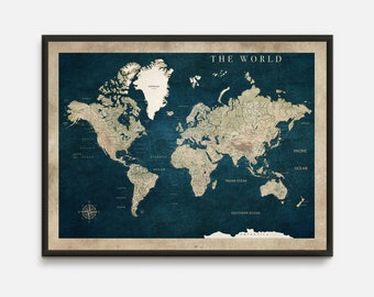 Vintage style Large World Map wall art print, world travel poster, custom travel gift world map decor