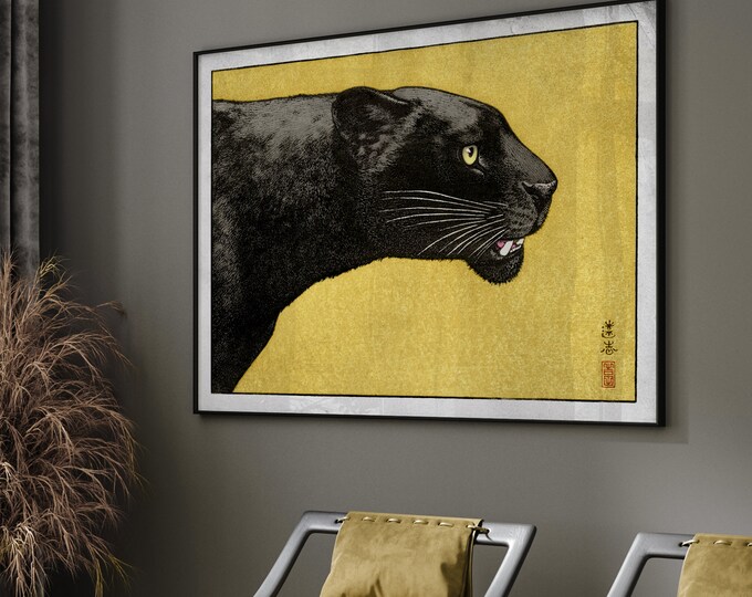 Japanese Cat Art: 1934 Black Panther Print by , Gorgeous Animal Wall Art for Cat Lovers - perfect gift for housewarming