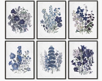 Blue Flower painting set of 6 prints, Blue Botanical Print set, wildflower bedroom art, cobalt blue Botanical wall art, Kitchen Dining room