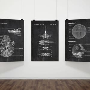 Star Wars Patent Prints Set Of 3,Movie Print, Millennium Falcon,Death Star,X-Wing, Chalkboard,Blueprint,Wall art,Space poster P231 image 1