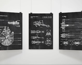 Star Wars Patent Prints Set, Millennium Falcon & X-Wing Blueprint Wall Art, Star Wars Blueprints,