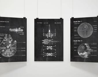 Star Wars Patent Prints Set Of 3,Movie Print, Millennium Falcon,Death Star,X-Wing, Chalkboard,Blueprint,Wall art,Space poster #P231