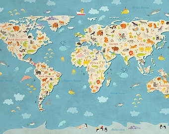 Animal world map, Animal map,  World map Nursery, Kids world map, World map for kids, Large world map, Child world map, Map for children