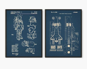 NASA Space suit Blueprint Poster Set of 2 Prints: Shuttle Boys Room Decor