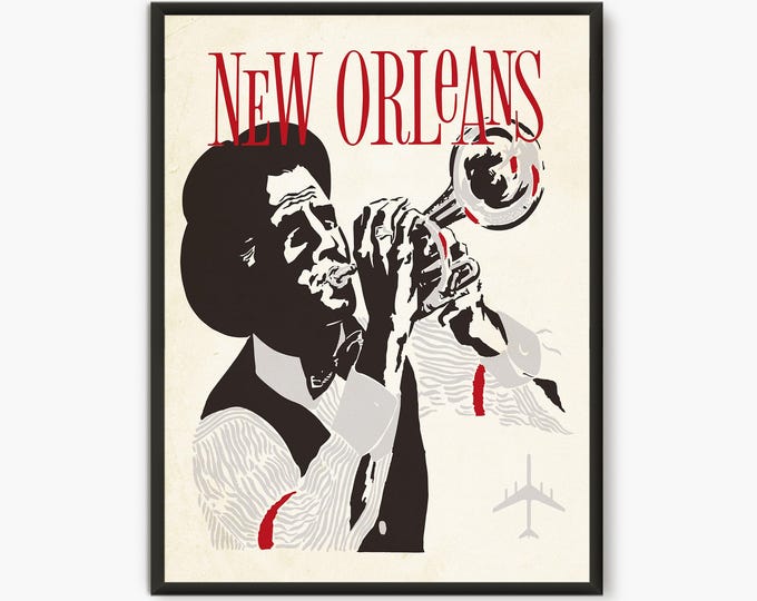 New Orleans, Travel Print, Jazz Trumpet print, Travel Poster, Vintage Poster
