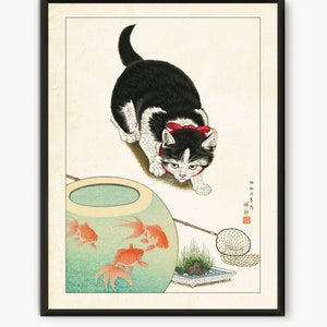 Ohara koson's Cat and goldfish bowl, Cat Art Japanese Print Ukiyo-e Japanese art - Japanese Gifts and Wall Art