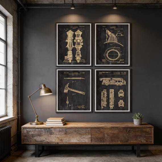 Firefighter Patent Art Prints: Fireman Gift, Set of 4 posters