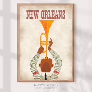 Lámina de trompeta de jazz de Nueva Orleans: Póster de viaje vintage