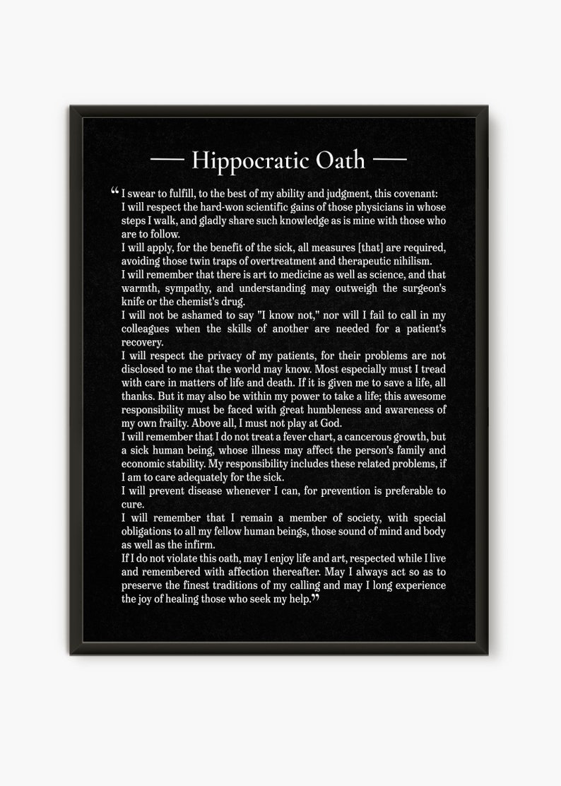 The hippocratic oath, medical gift vintage black