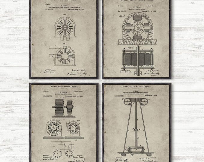 Tesla Patent print, set of 4 prints, Science Wall Art, Patent Art P226 P226