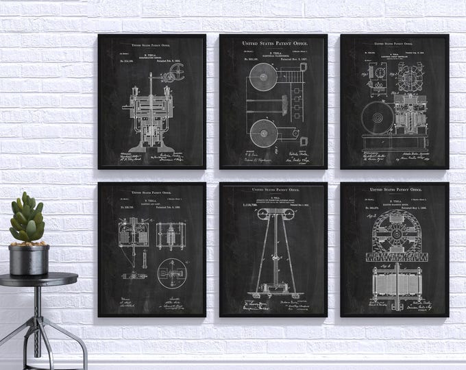 Tesla patent print set of 6 ,Tesla electromagnetic motor, Nikola Tesla design, Engineering,Set of six prints, Tesla print,Tesla poster P380