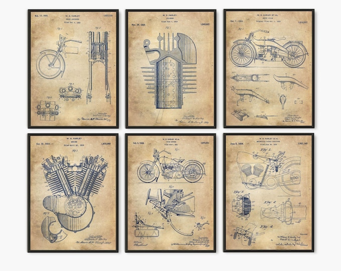 Harley Davidson Motorcycle Blueprint Art Prints: Garage Decor, Set of 6