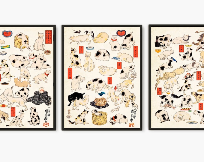 Japanese cats set of 3 prints, Utagawa Kuniyoshi NeKo cats gallery wall set print, cat lover gifts Japanese decor