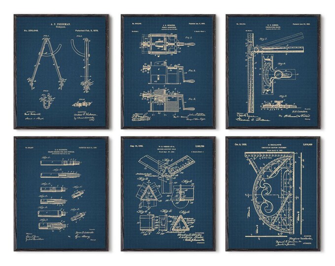 Architectural prints Set of 6 prints Architectural drawings, Ruler Compass Pencil holder Gift for architect #P199
