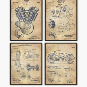 Harley Davidson set of 4 patent prints, Harley Davidson wall art, garage decor man cave art, motorcycle gifts industrial decor poster prints