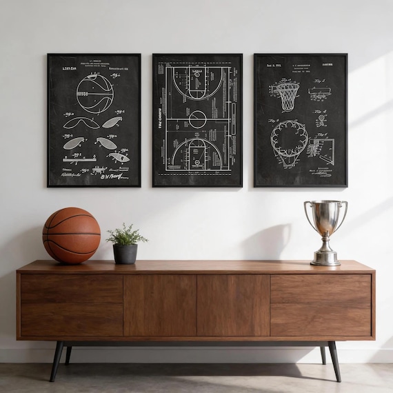 Basketball patent wall art - Set of 3 blueprint Prints - game room decor