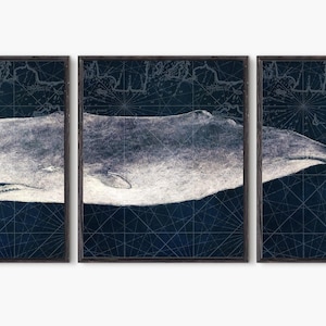 May include: A set of three framed prints featuring a vintage illustration of a sperm whale on a blue nautical map background.