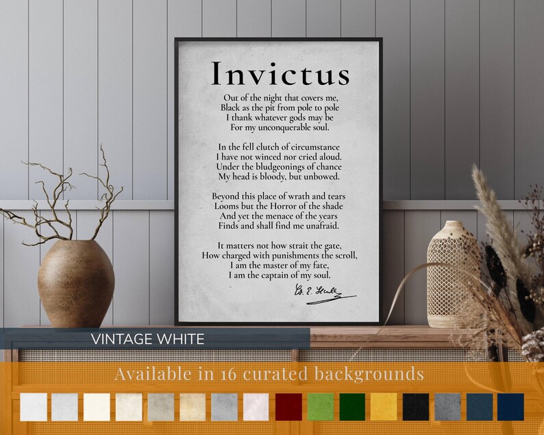 a framed quote by Invictus, a famous Roman soldier and statesman, against a vintage white background.