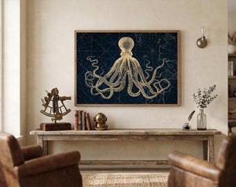 Blue Octopus Print - Kraken Nautical Poster - Dark Academia Sea Decor Wall Art