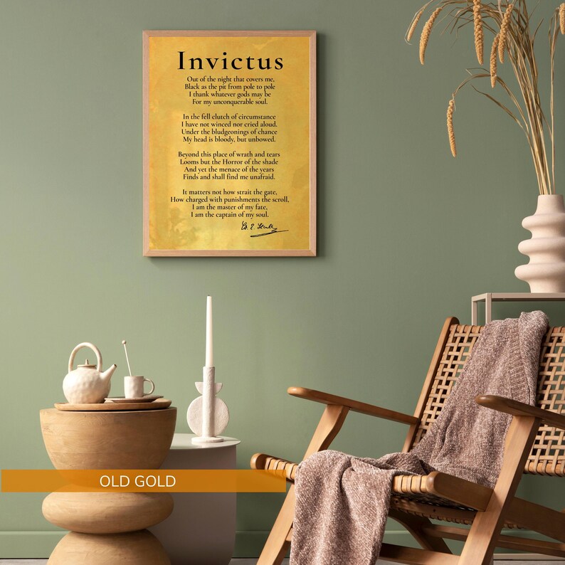a cozy living room setting with a framed quote ofInvictus by William Shakespeare hanging on the wall. The room has a wooden chair, a wooden side table, and a vase with dried flowers. The overall color scheme is a combination of green and brown tones, creating a warm and inviting atmosphere.