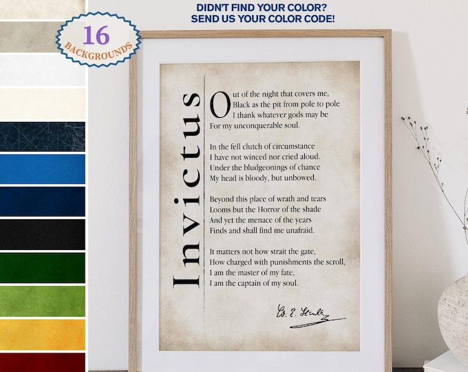 Invictus Poem, Print Wall Art ,Custom quote print,  Literary Typography Quote for Home Office Decor