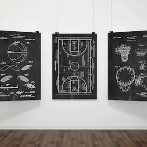 Op de afbeelding: Drie ingelijste basketbal patent prints in zwart en wit. De prints tonen een basketbal, een basketbalveld en een basketbalring. Ze hangen aan een witte muur boven een houten vloer.