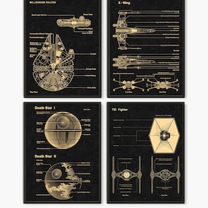 Star Wars Prints, Set of 4 prints, Millennium Falcon,Death Star I,Death Star II, TIE Fighter,X-Wing,Star Wars Poster,Star Wars Art