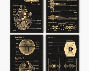 Star Wars Prints, Set of 4 prints, Millennium Falcon,Death Star I,Death Star II, TIE Fighter,X-Wing,Star Wars Poster,Star Wars Art