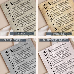 four different photographs of printed text on paper, each with a different color background. The text appears to be a story or narrative, and the photographs are arranged in a grid format with the text on each page.