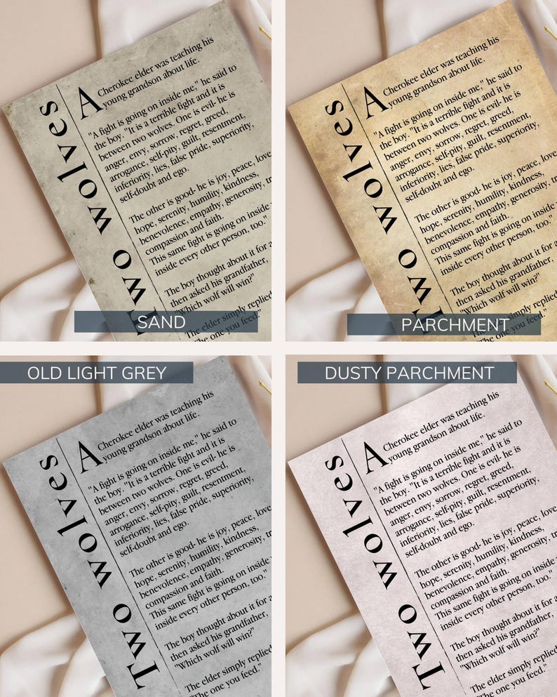 four different photographs of printed text on paper, each with a different color background. The text appears to be a story or narrative, and the photographs are arranged in a grid format with the text on each page.