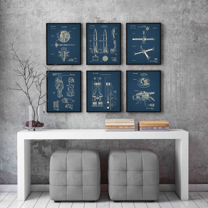 Rocket Blueprint, Set of 6,Space Patent Posters, NASA Art,NASA Patent, NASA Poster, Space Shuttle Poster, Space Shuttle Art, Space Suit P347 image 1