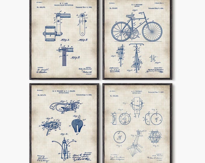 Vintage Bicycle Patent Prints - Set of 4 Restored Blueprints