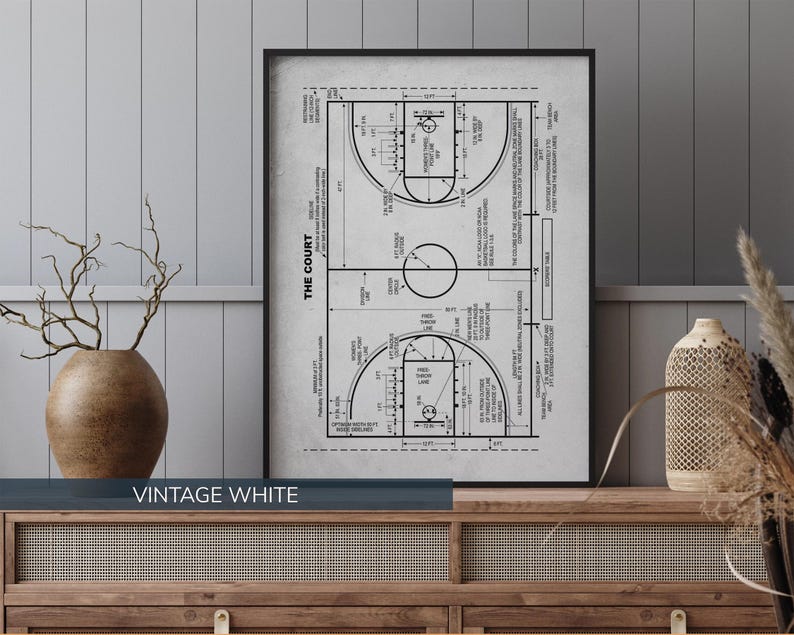 Op de afbeelding: Een zwart-wit afdruk van een basketbalveld diagram in een frame. Het diagram bevat afmetingen en labels voor verschillende veldkenmerken. De afdruk wordt weergegeven op een houten kast met decoratieve items.