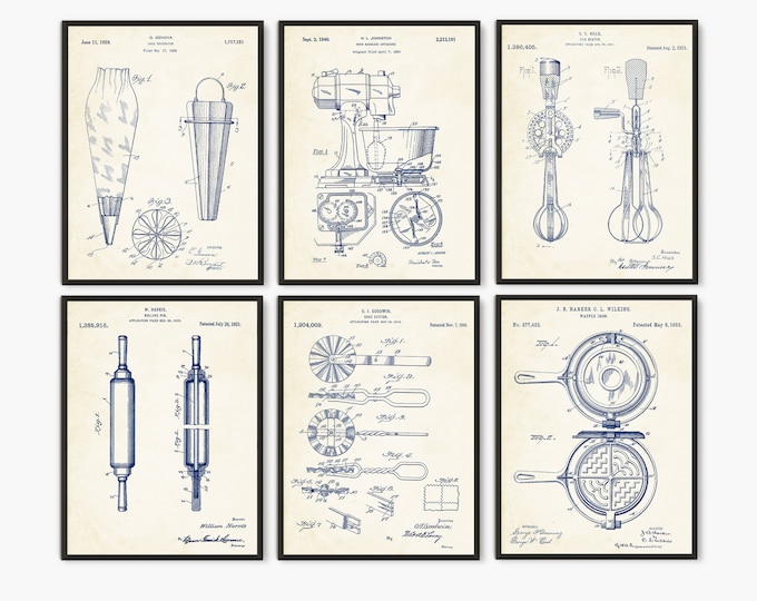 Baking set of 6 Patent print Poster, Baking gifts for her, bakery art print, Kitchen Patent Wall Art, Cooking Art Print