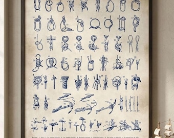 Nautical Knots Wall Art, Vintage Sailing Print, Maritime Knot Diagram Poster