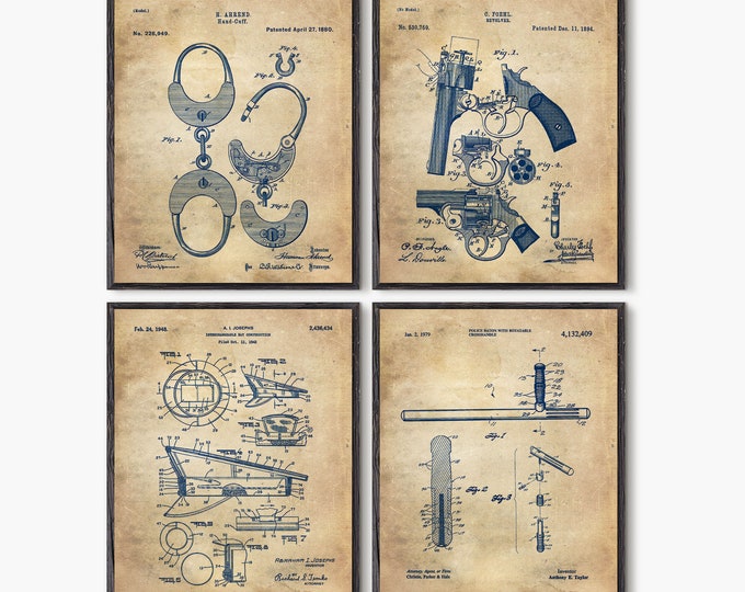 Police patent Set of 4 prints Police officer gift Policeman, Police academy Police decor Police wall art Police birthday #P340