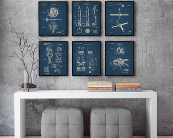 NASA Blueprint Art Print Set: Space Shuttle, Rocket, Astronaut Decorations