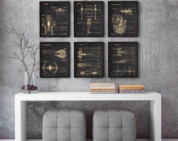 Set of 6 prints,Star Wars,blueprint,parchment,Science,Student,Engineering,Print,Gift,Office Decor,Home decor #P227