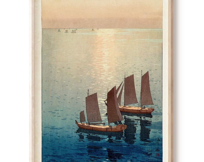 Japanese wall Art The Sparkling Sea - Hiroshi Yoshida ukiyo-e woodblock print - Sailboat print Japanese poster - Boat gift nautical decor