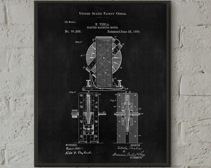 Tesla Patent, Electro magnetic engine, Tesla Poster,Patent Print, Nikola Tesla, Chalkboard, Blueprint, Vintage #P201