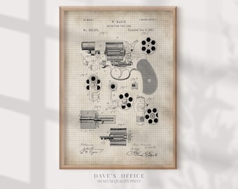 Vintage Revolver Patent Art Print: Firearm Decor #P6