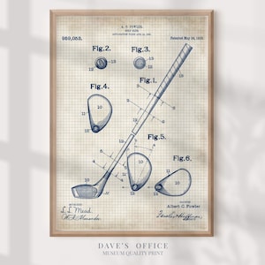 May include: A framed vintage golf club patent print. The blueprint-style illustration features detailed diagrams of a golf club and its components, with annotations and figures in navy blue on a grid background. The print includes text and signatures.