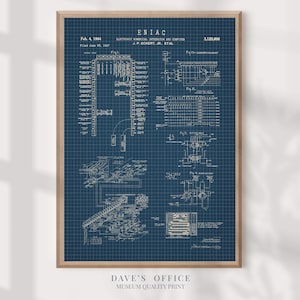 May include: A framed blueprint of the ENIAC computer, featuring detailed schematics and technical drawings in white against a blue grid background. The print includes text with dates and patent information. The frame is a light brown color.