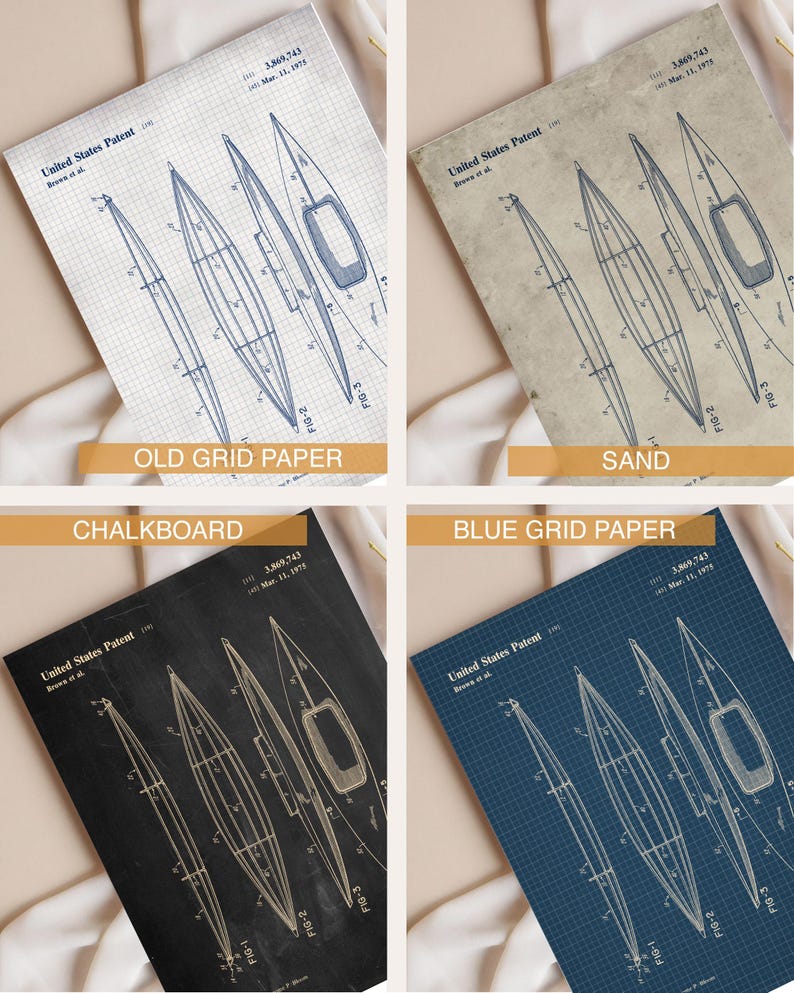 Puede incluir: Un conjunto de cuatro impresiones de patentes de Estados Unidos para un dise&ntilde;o de barco, con dibujos t&eacute;cnicos de l&iacute;neas etiquetados como Fig 1, Fig 2 y Fig 3. Las impresiones se muestran sobre cuatro fondos distintos: papel cuadriculado blanco, papel color arena, pizarra negra y papel cuadriculado azul.