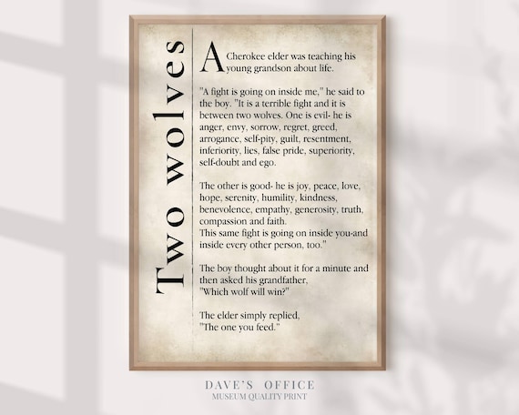 Two Wolves Art Print: Cherokee Story Quote on Book Page