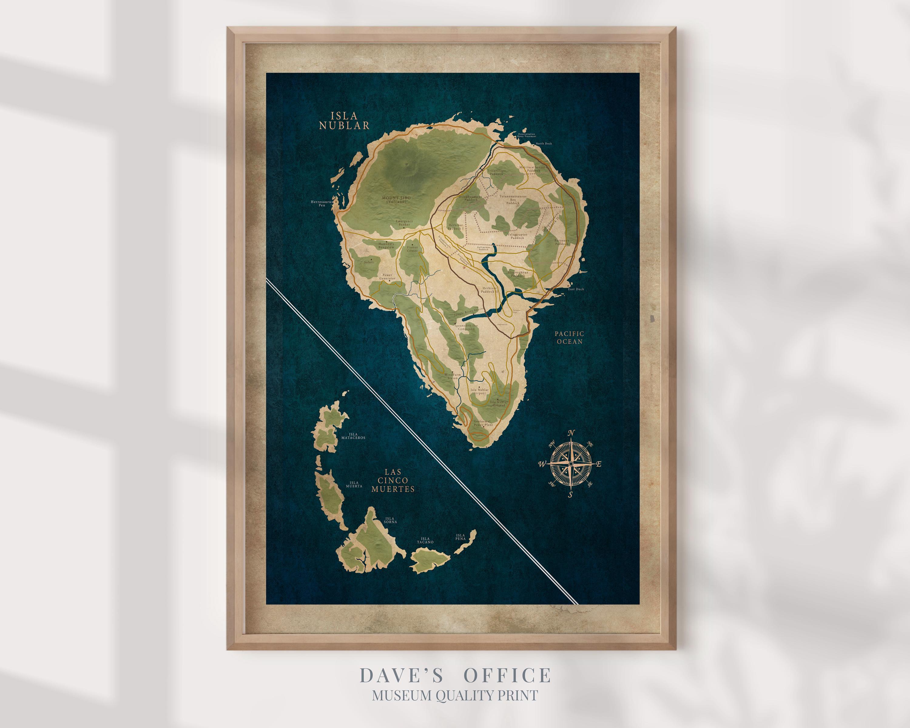 Isla Nublar Map Print: Jurassic and Dinosaurs World Movie Poster