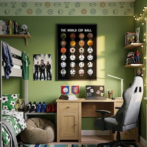 May include: A bedroom featuring a poster titled THE WORLD CUP BALL displaying various soccer balls, a wooden desk with a laptop, a gray gaming chair, a bunk bed with soccer-themed bedding, a bean bag chair, and shelves holding books and trophies.