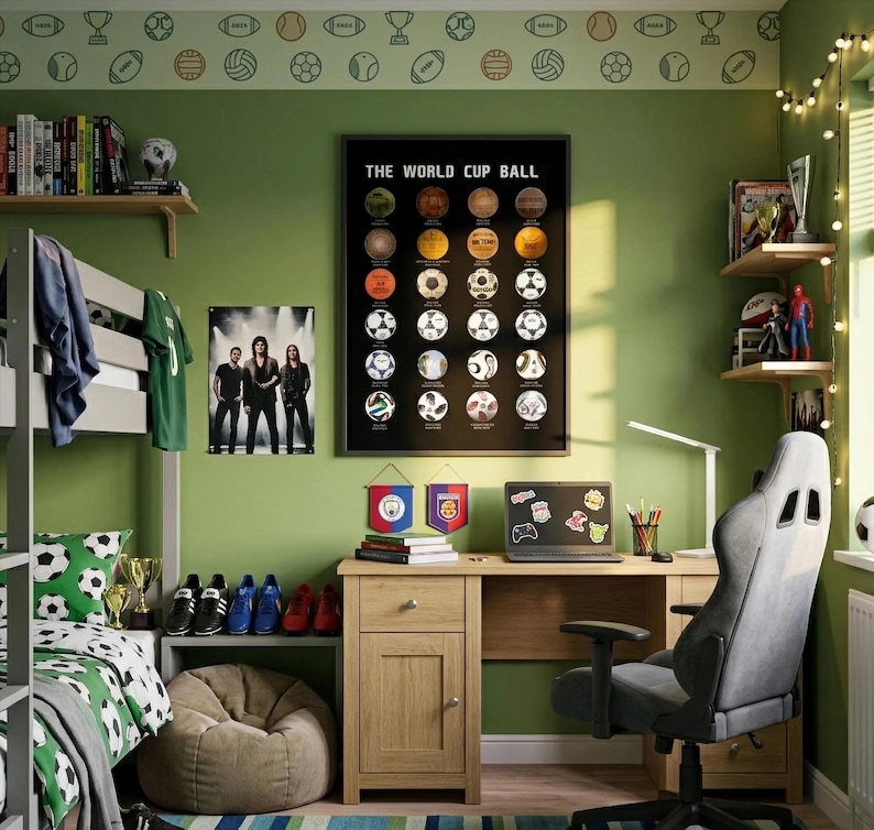 May include: A bedroom featuring a poster titled THE WORLD CUP BALL displaying various soccer balls, a wooden desk with a laptop, a gray gaming chair, a bunk bed with soccer-themed bedding, a bean bag chair, and shelves holding books and trophies.
